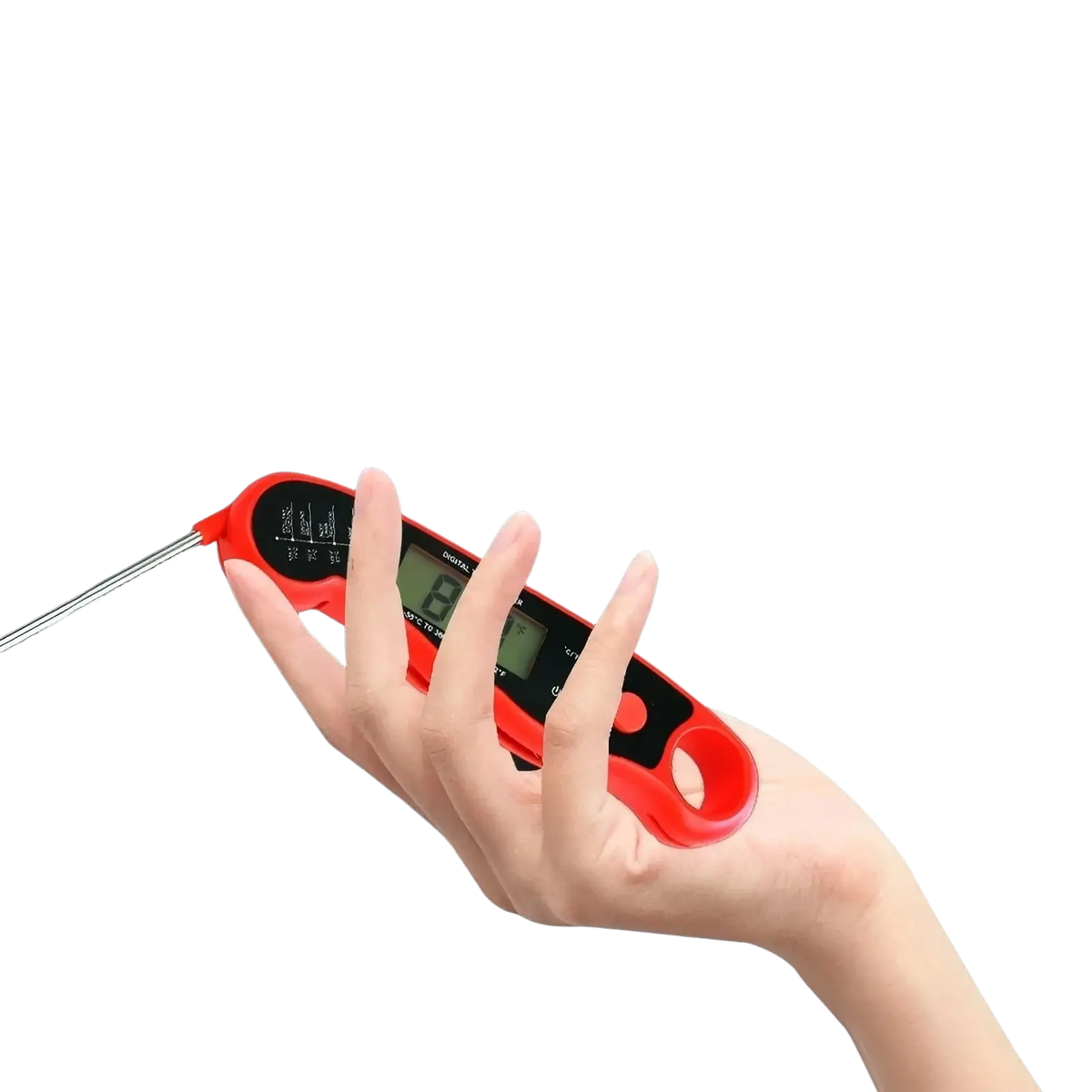 Red digital meat thermometer with finger-curved grip and long metal probe for instant read cooking food probe use
