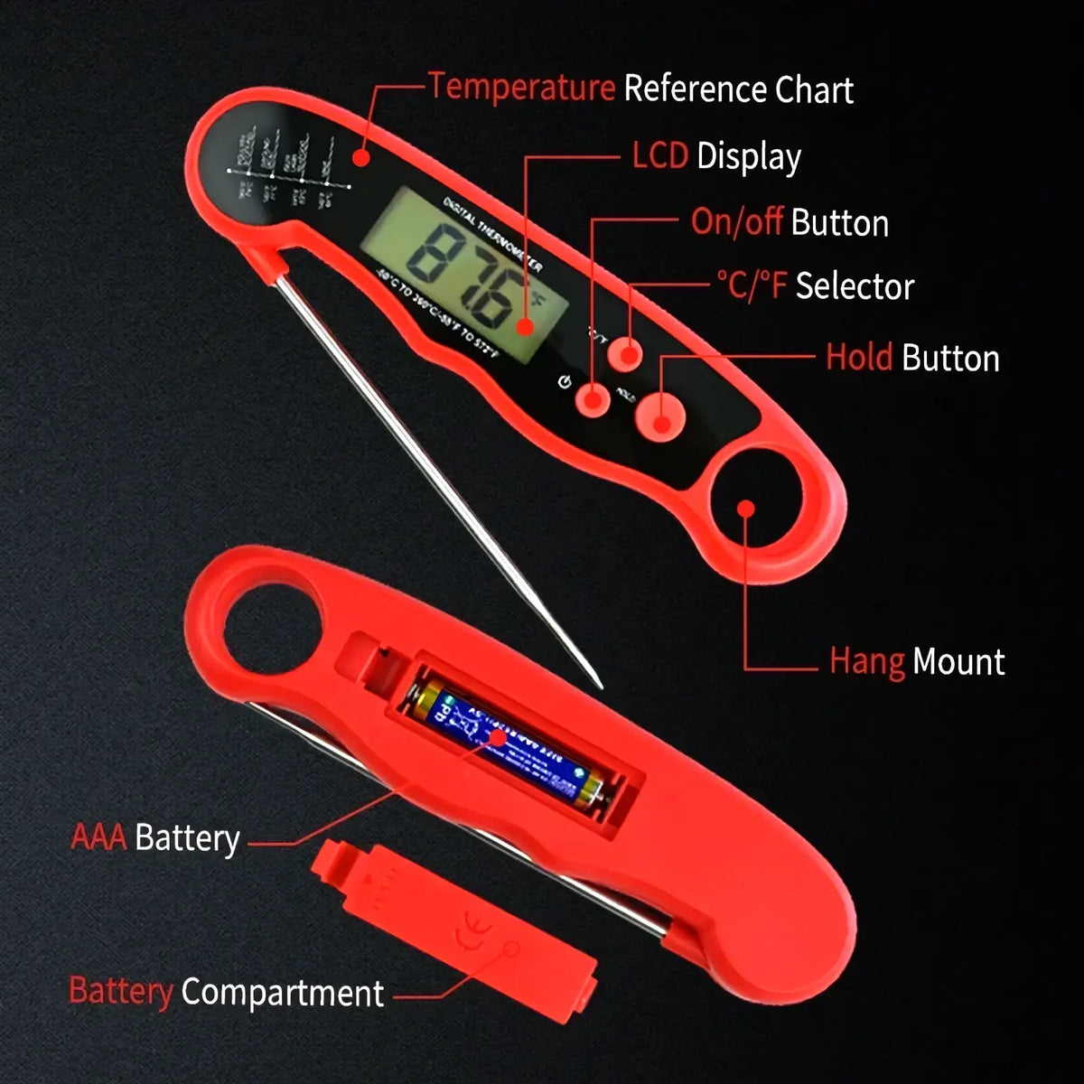 Red digital meat thermometer with long metal probe and lcd display for instant read cooking food temperatures