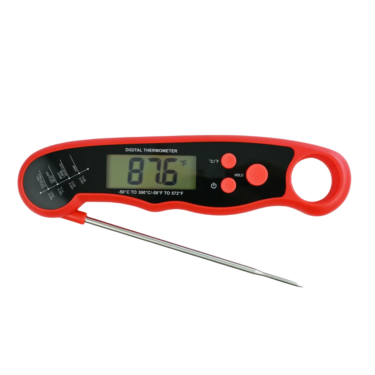 Red and black digital meat thermometer with stainless steel probe for instant read cooking food temperature