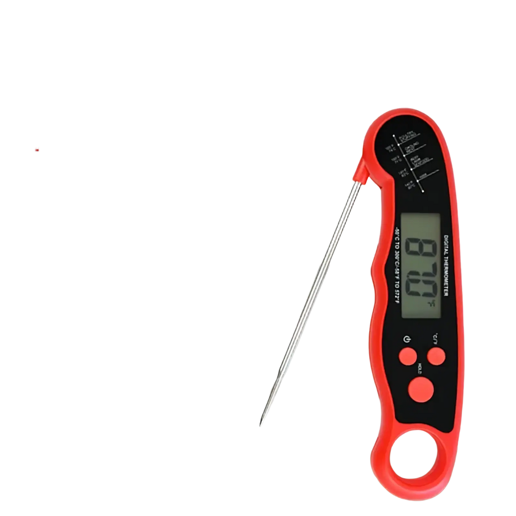 Red and black digital meat thermometer with foldable design for instant read cooking and food probe use