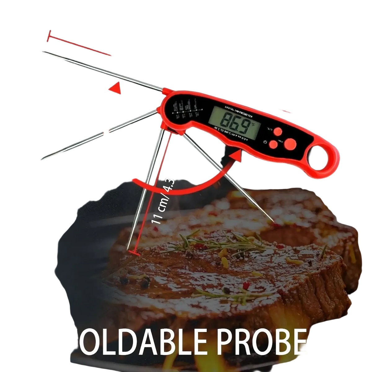 Digital meat thermometer instant read cooking food probe in red and black with foldable design and four stainless steel probes