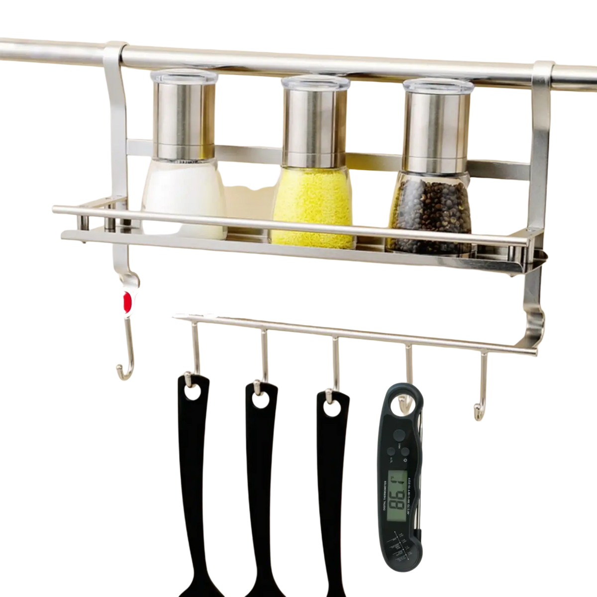 Stainless steel wall-mounted three-tier spice rack holding salt pepper and mustard shakers for kitchen organization