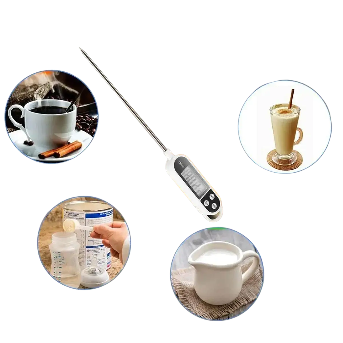 A sleek silver digital meat thermometer with a long probe and black buttons for instant read food temperature