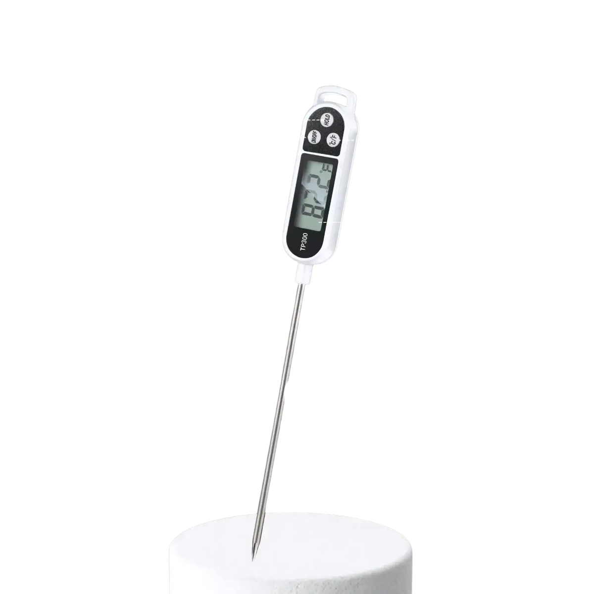 Digital meat thermometer white food grade stainless steel probe with long metallic tip and temperature display screen