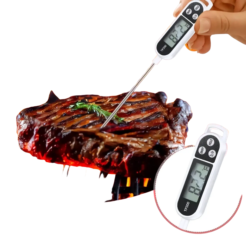 White digital meat thermometer model tp300 with long metal probe and black buttons for instant read food temperature