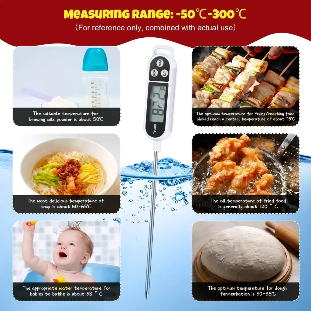 White digital meat thermometer with long metallic probe and black display for instant read food temperature