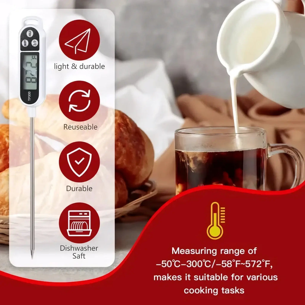 White digital meat thermometer with long metallic probe and black buttons for instant read food temperature measurement