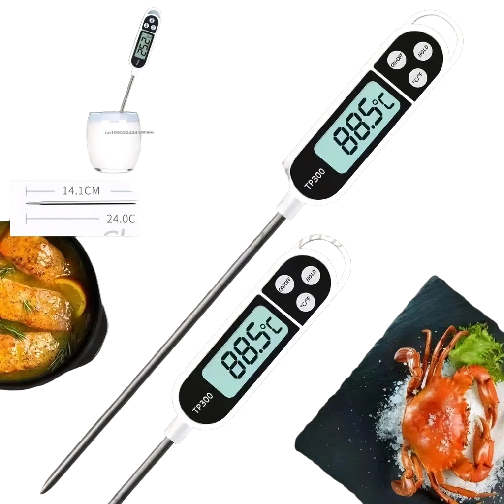 White digital meat thermometer model tp300 with long metallic probe and black control buttons for instant read use