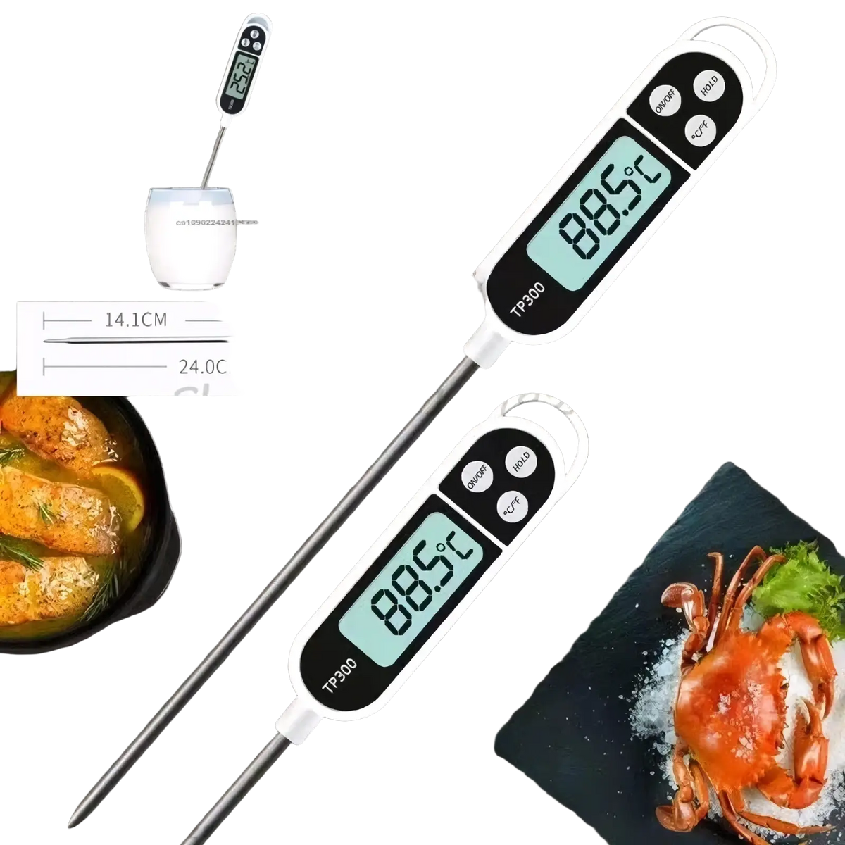 White digital meat thermometer model tp300 with long metallic probe and black control buttons for instant read use