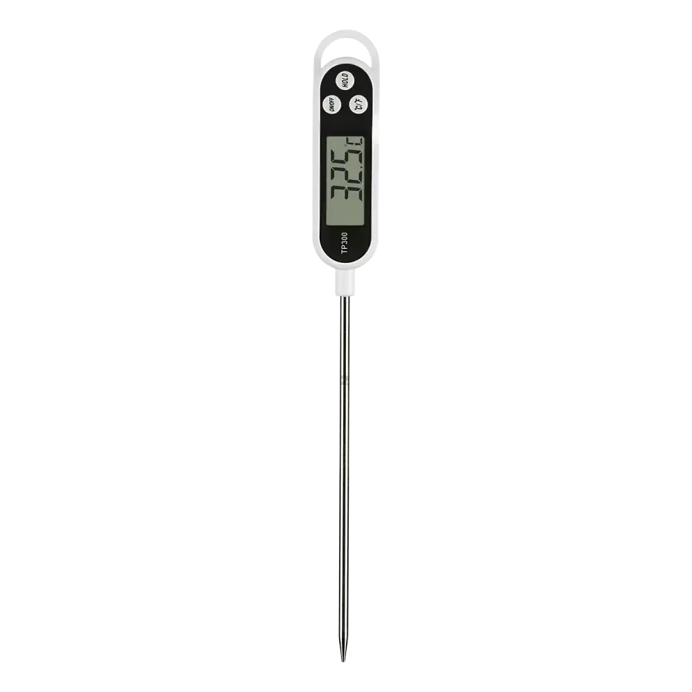White digital meat thermometer with black display showing 32.5°c and stainless steel probe for instant food read