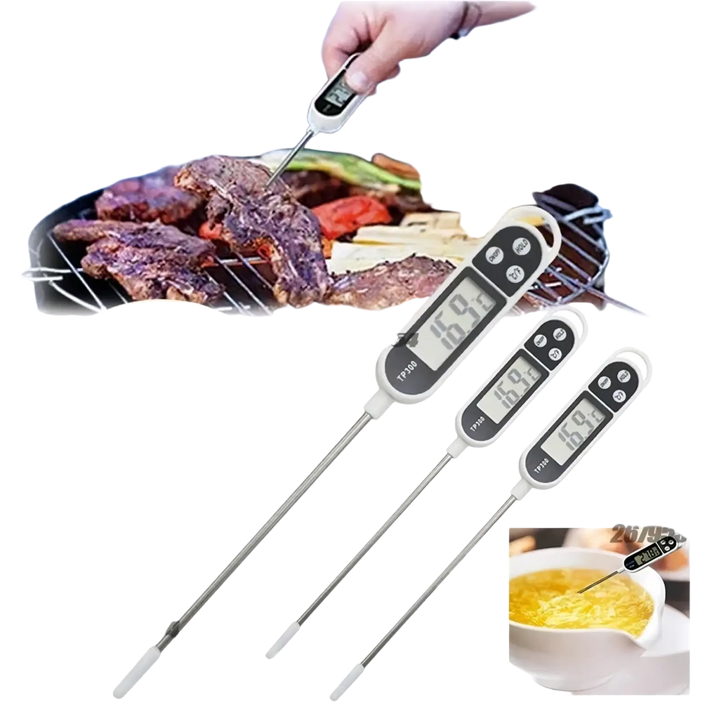 Three digital meat thermometers with long stainless steel probes white handles and clear lcd screens for instant read temperature
