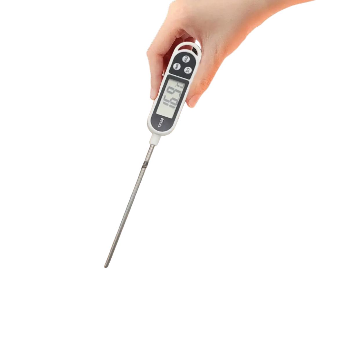 White digital meat thermometer with long metallic probe displaying 169°f for instant read temperature measurement
