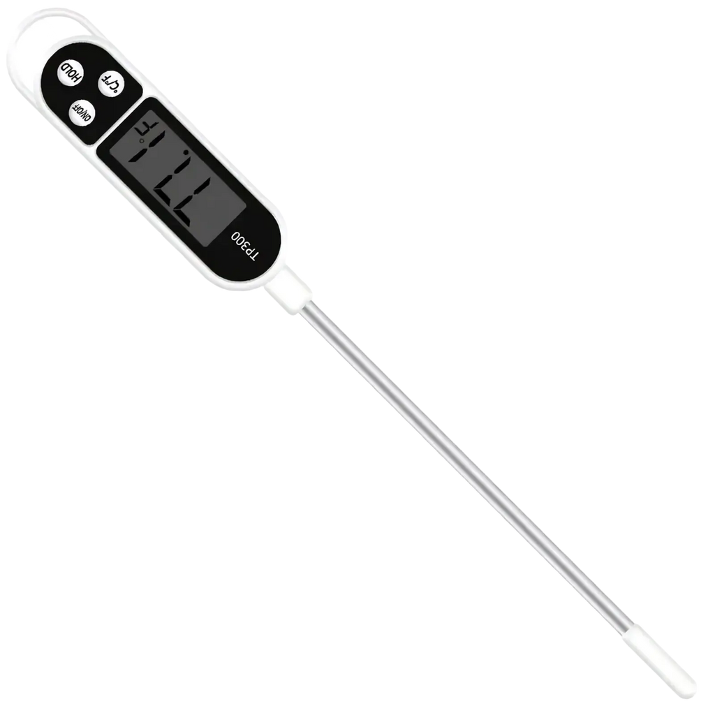 White digital meat thermometer with silver probe and black display screen showing 127 f for instant read use