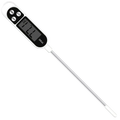 White digital meat thermometer with silver probe and black display screen showing 127 f for instant read use