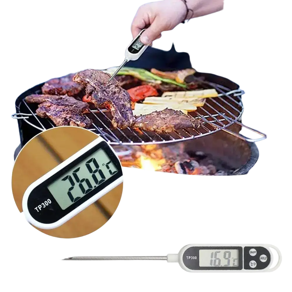 White digital meat thermometer with long metal probe and black on off hold and t c buttons for instant read