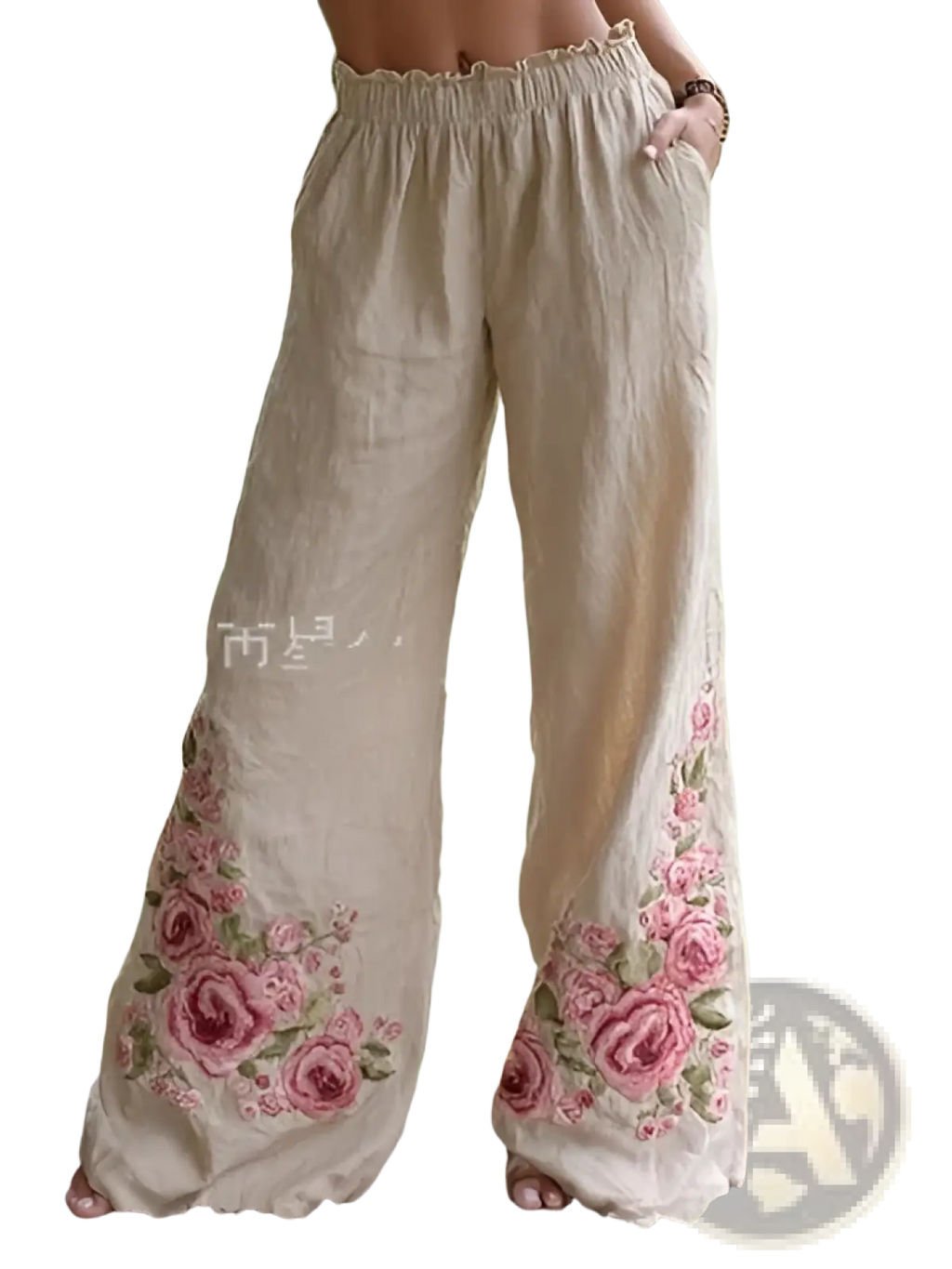 Beige linen digital print casual wide-leg pants with intricate pink rose embroidery along the lower legs