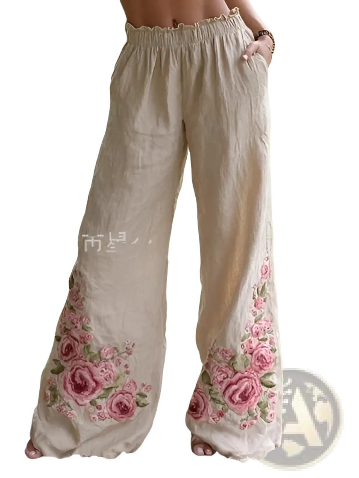 Beige linen digital print casual wide-leg pants with intricate pink rose embroidery along the lower legs