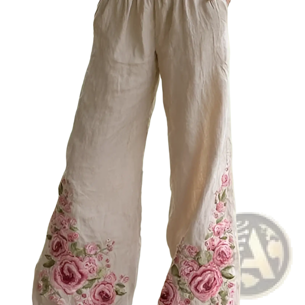 Beige linen digital print casual wide-leg pants with intricate pink rose embroidery on the lower legs