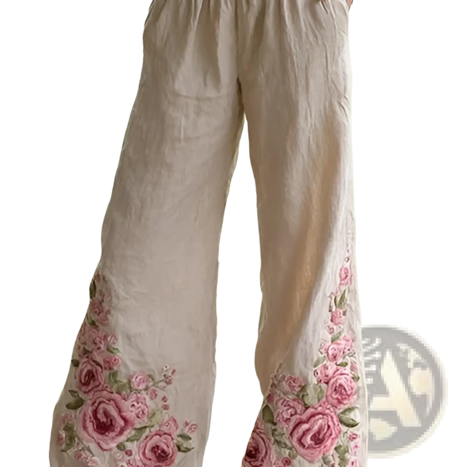 Beige linen digital print casual wide-leg pants with intricate pink rose embroidery on the lower legs
