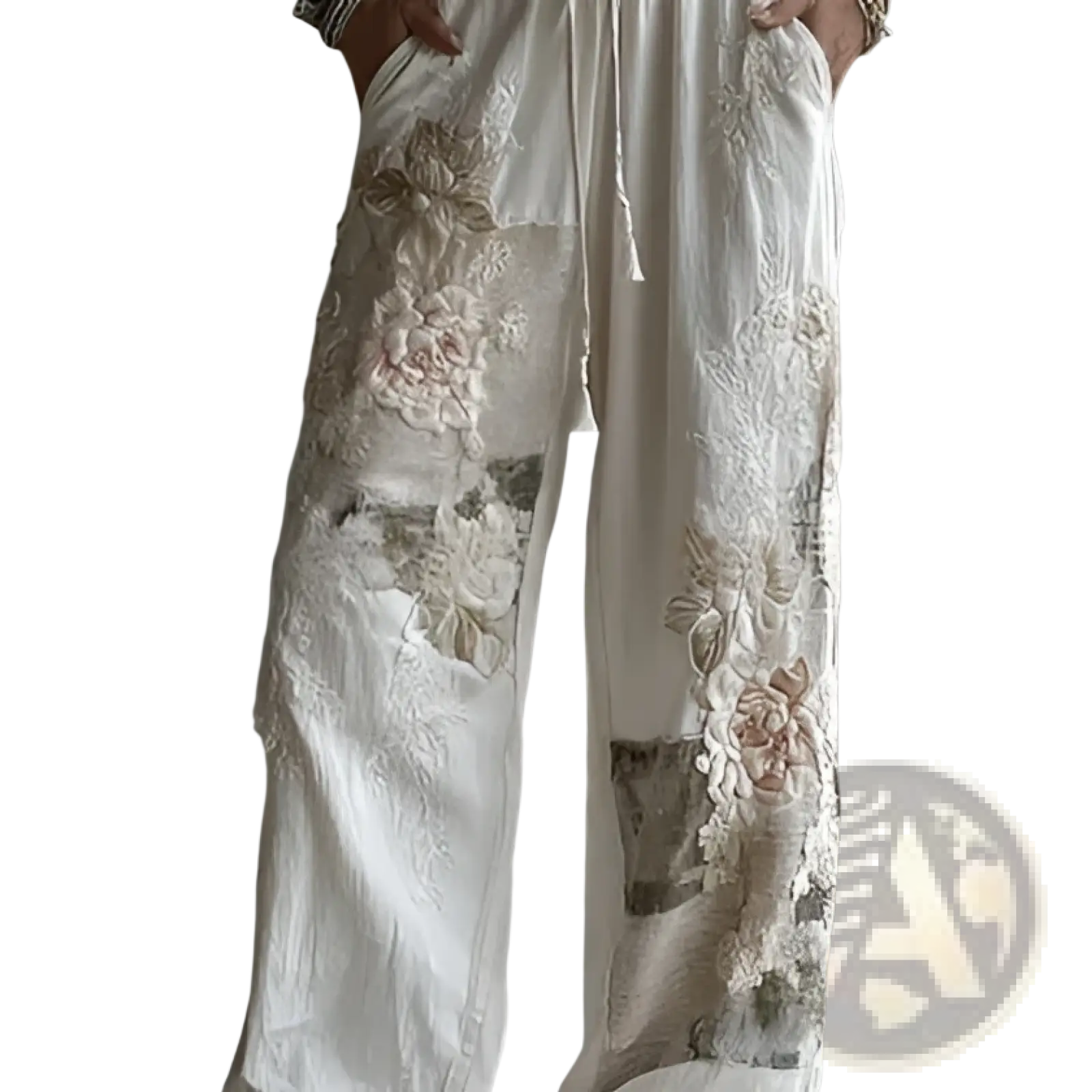 Cream-colored digital print casual wide-leg pants with intricate floral embroidery and subtle patchwork details