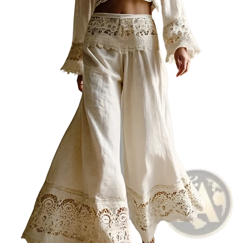 Cream-colored digital print casual wide-leg pants with delicate lace trim at waistband and hem in lightweight fabric