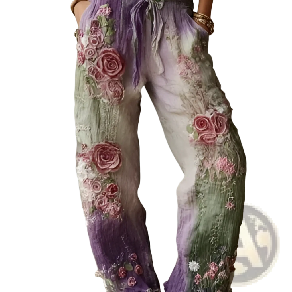 Digital print casual wide-leg pants with purple and green gradient embroidery and pink rose appliqués