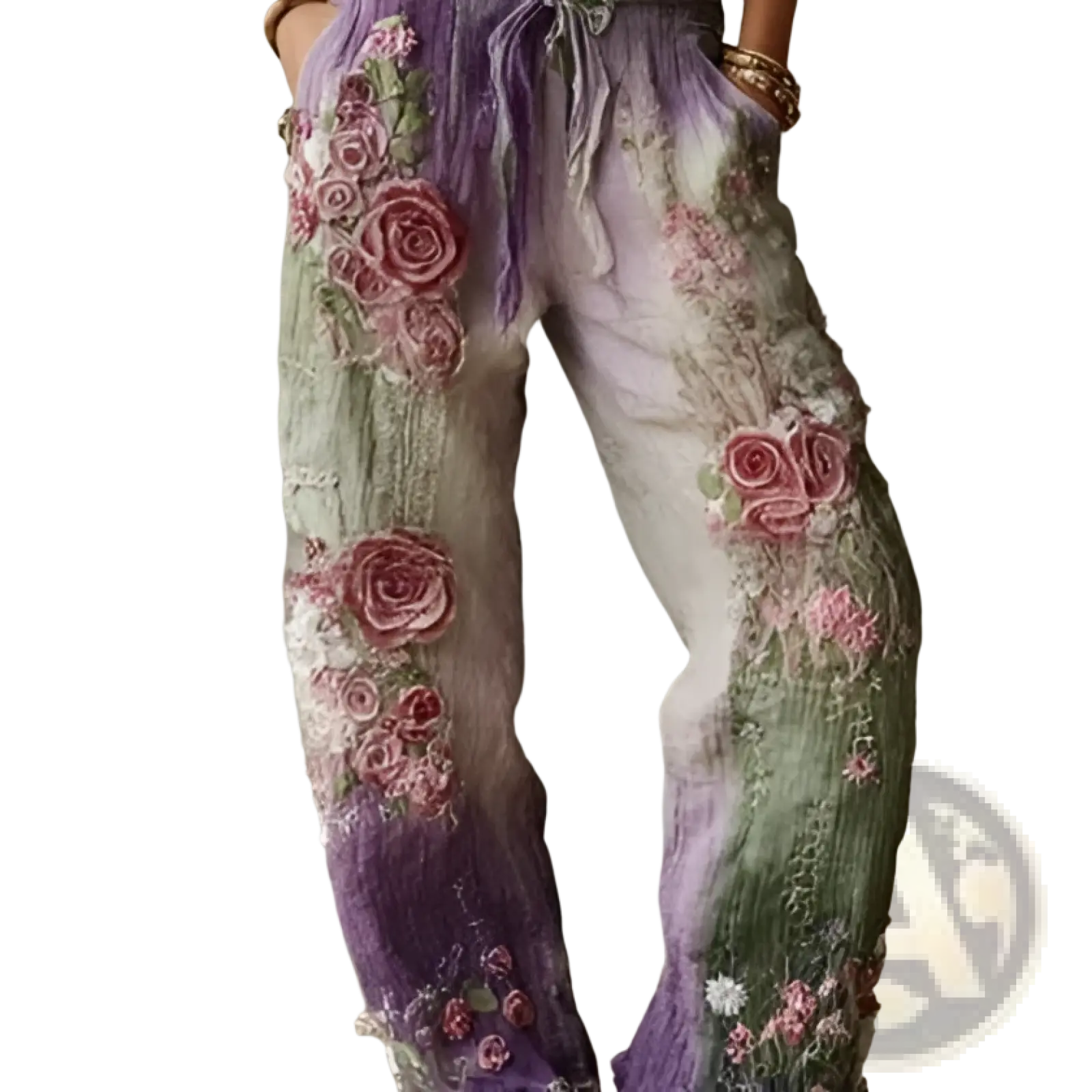 Digital print casual wide-leg pants with purple and green gradient embroidery and pink rose appliqués