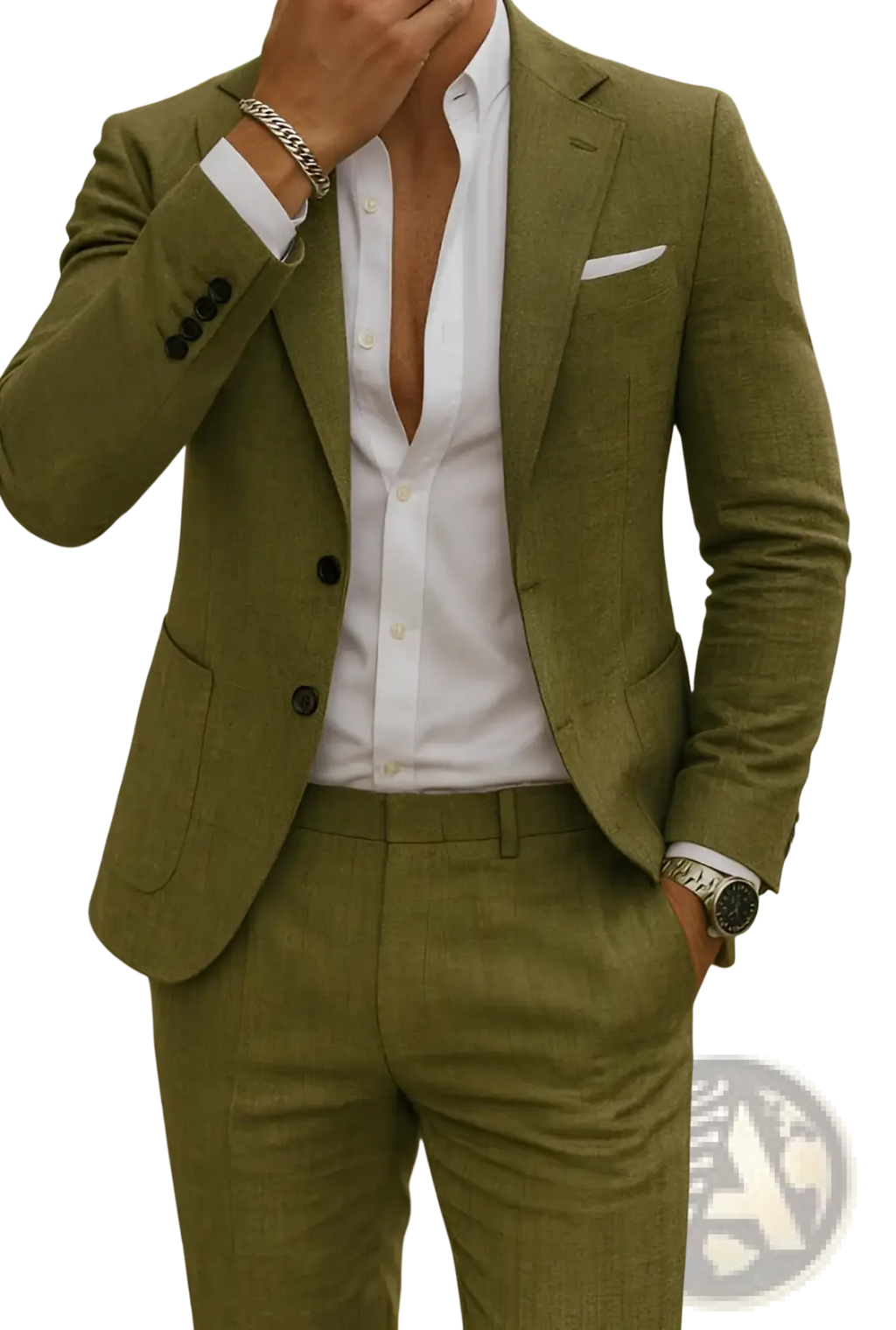 Digital print two button suit in olive green textured fabric showcasing a formal tailored look