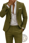 Digital print two button suit in olive green textured fabric showcasing a formal tailored look