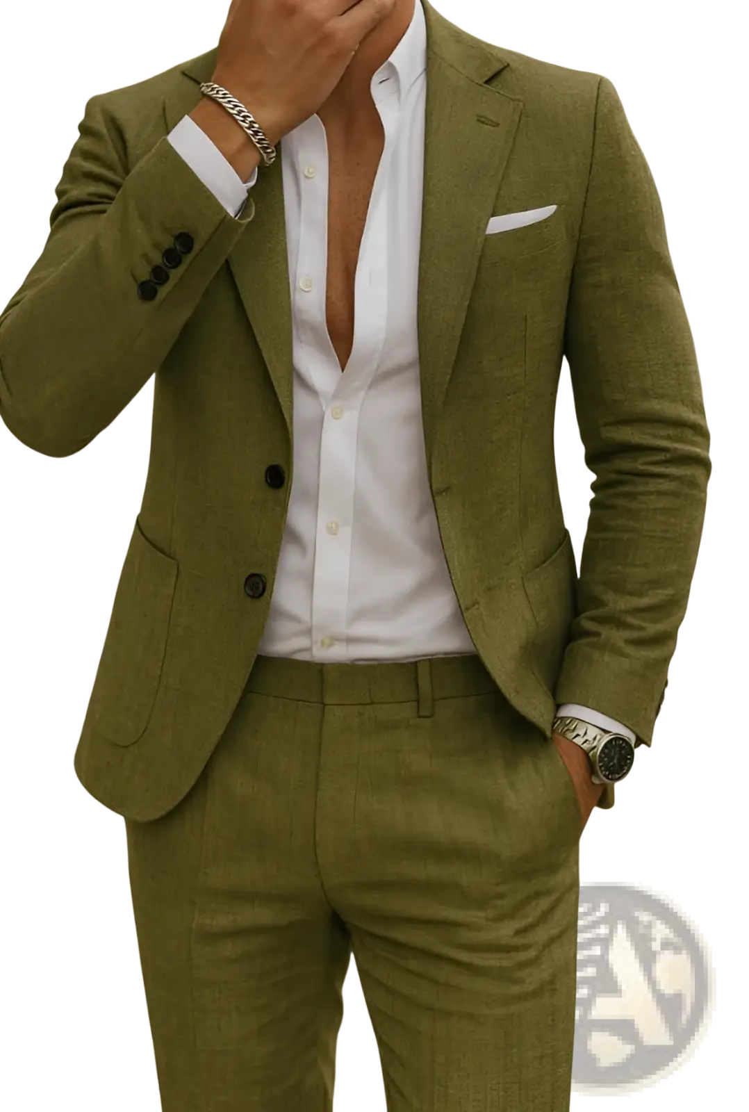 Digital print two button suit in olive green textured fabric showcasing a formal tailored look