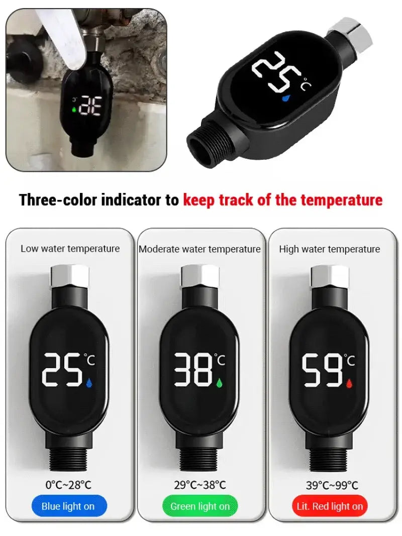 Black digital shower temperature display led water monitor with three-color indicator for water temperature levels