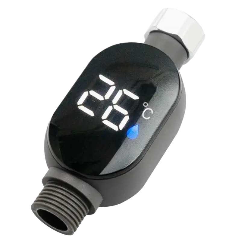 Black digital shower temperature display led water monitor with glossy finish white led showing 26°c and blue droplet icon
