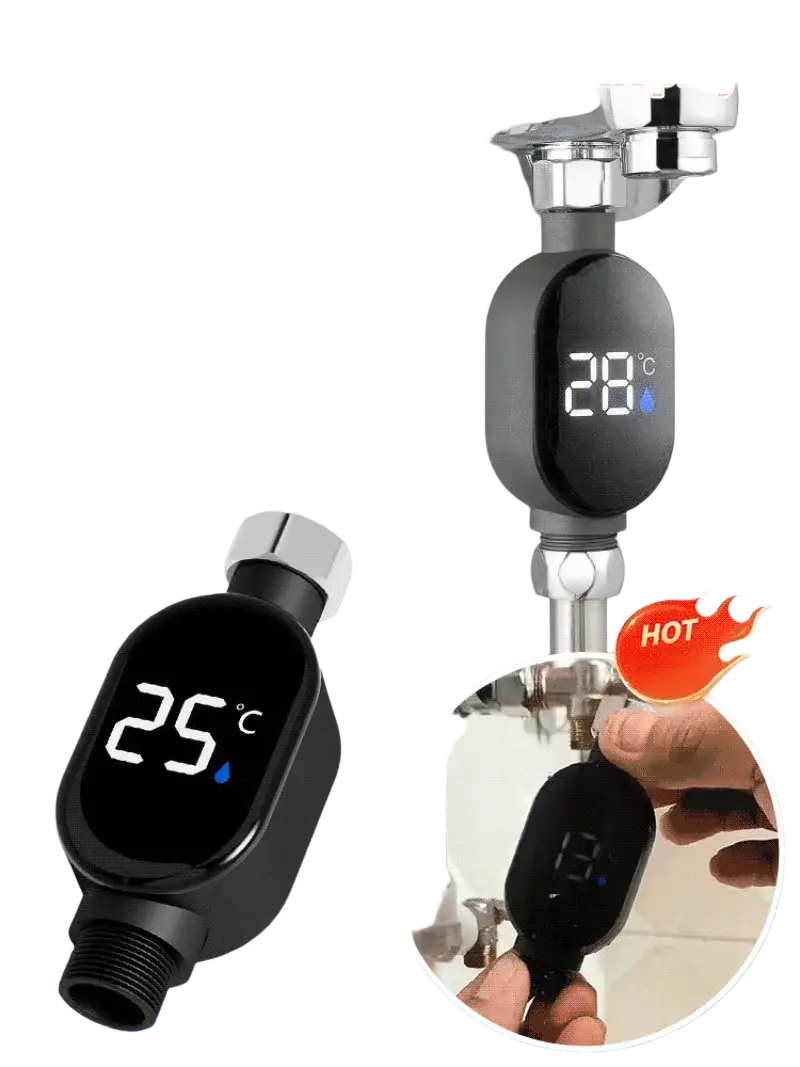 Black digital shower temperature display with led screen showing degrees celsius and water droplet icon for water monitoring