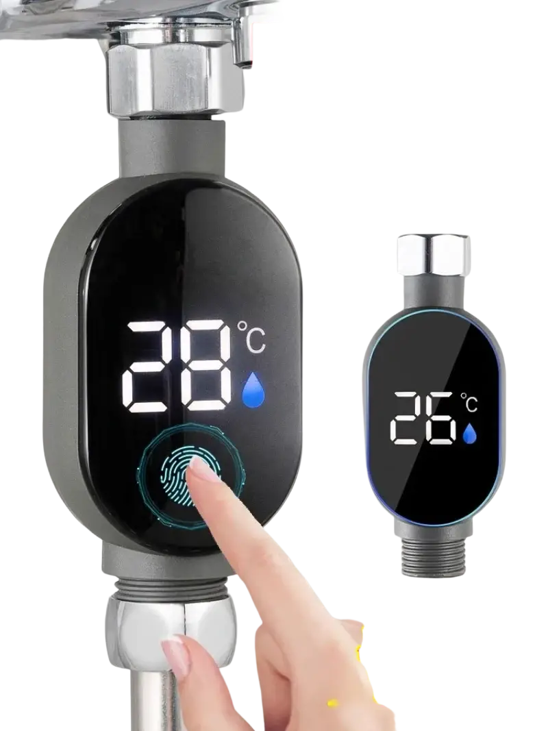 Smart chest screen digital shower temperature controller with black LED display and silver metallic body water monitor
