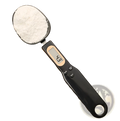 Black digital spoon scale with gold-accented lcd display showing 43 grams measuring white powder accurately