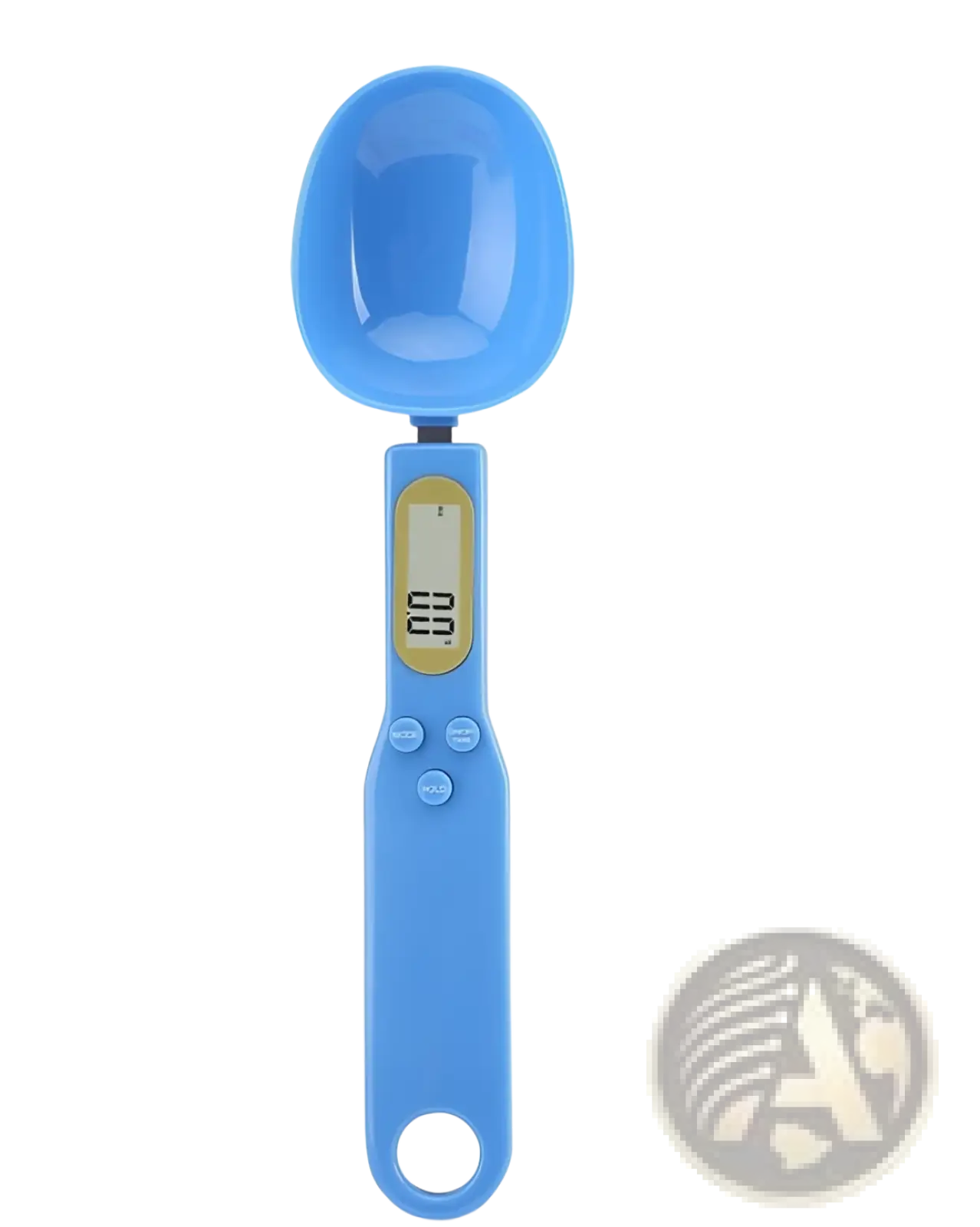 Blue digital spoon scale with glossy finish and lcd display showing weight measurements up to 500g