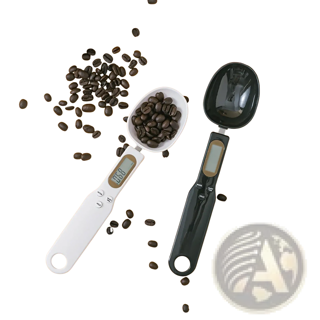 A sleek digital spoon scale measuring tool set in white and black with lcd screens for precise coffee measurements