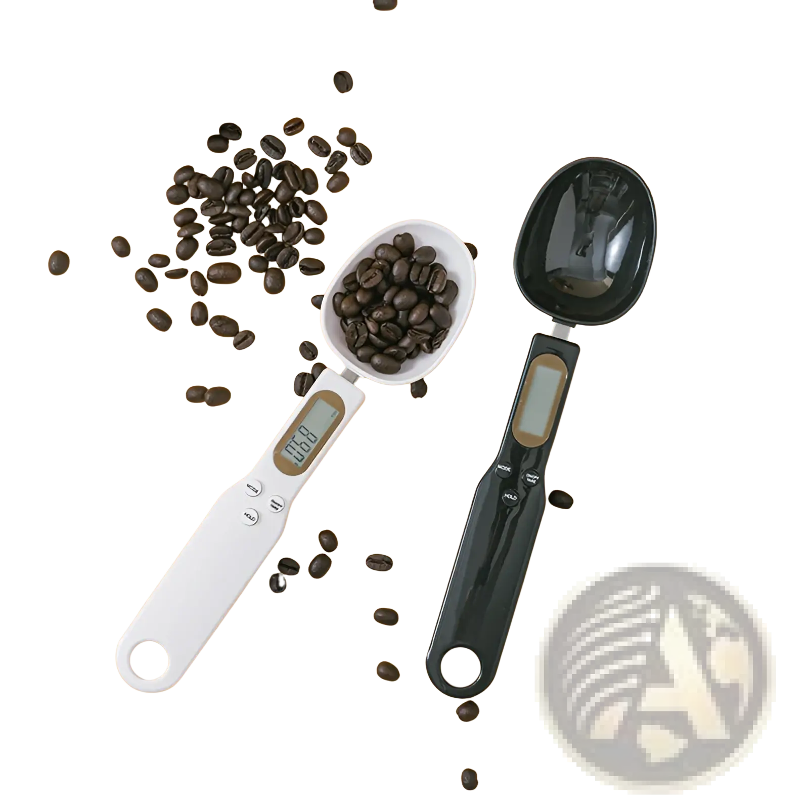 A sleek digital spoon scale measuring tool set in white and black with lcd screens for precise coffee measurements