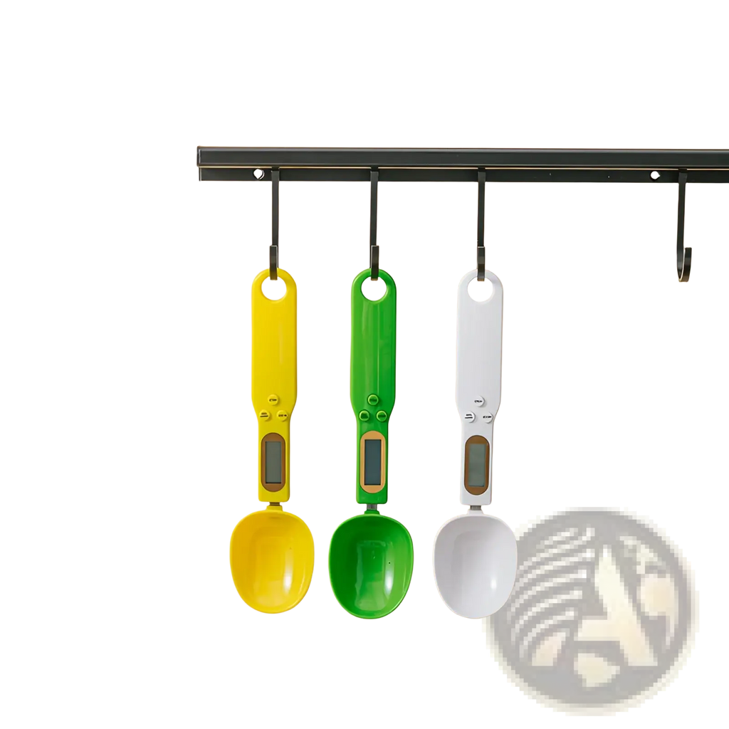 Three digital measuring spoons in yellow green and white plastic with lcd screens for precise 500g measurement