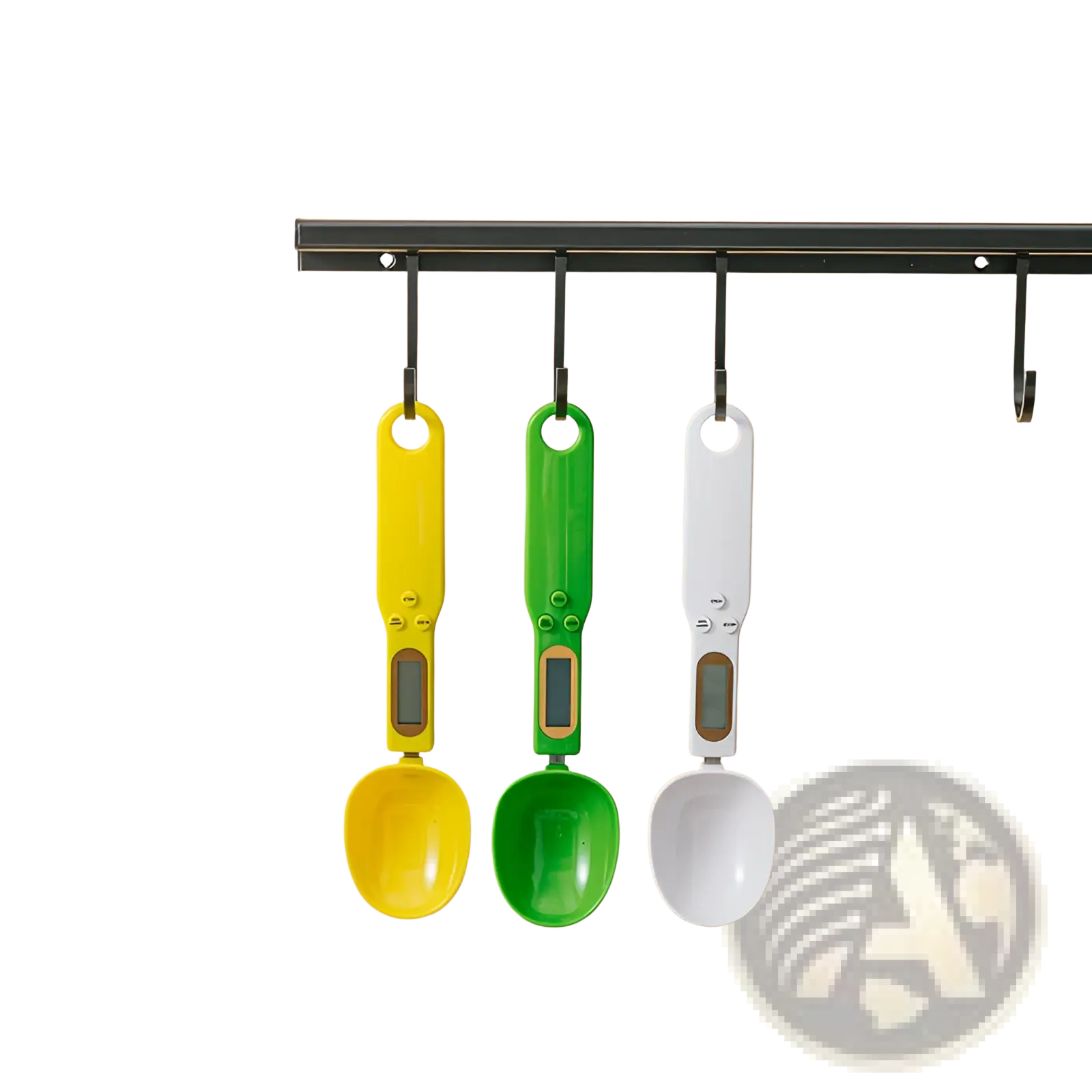 Three digital measuring spoons in yellow green and white plastic with lcd screens for precise 500g measurement