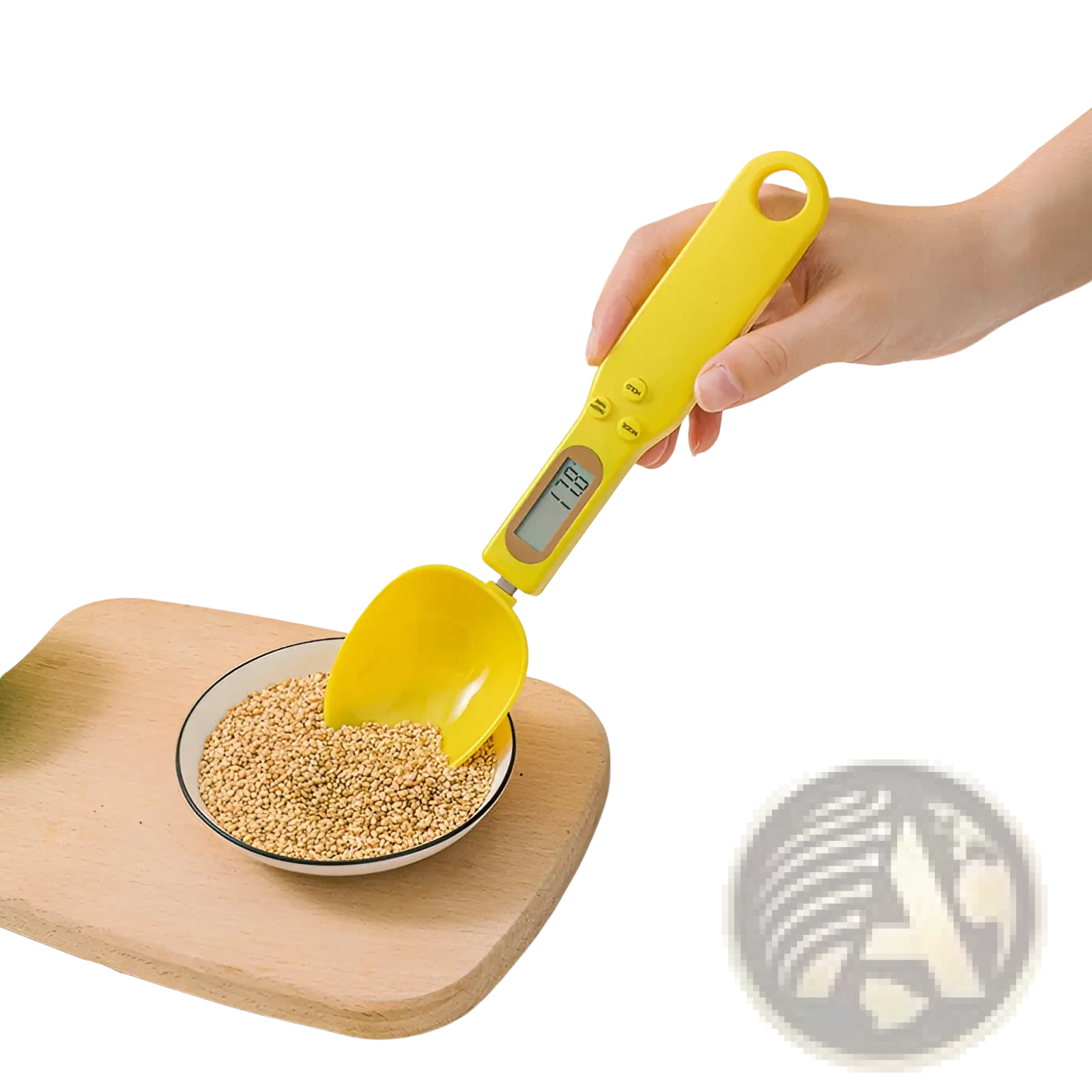 Bright yellow digital spoon scale with handle and lcd display screen for precise 500g measurement