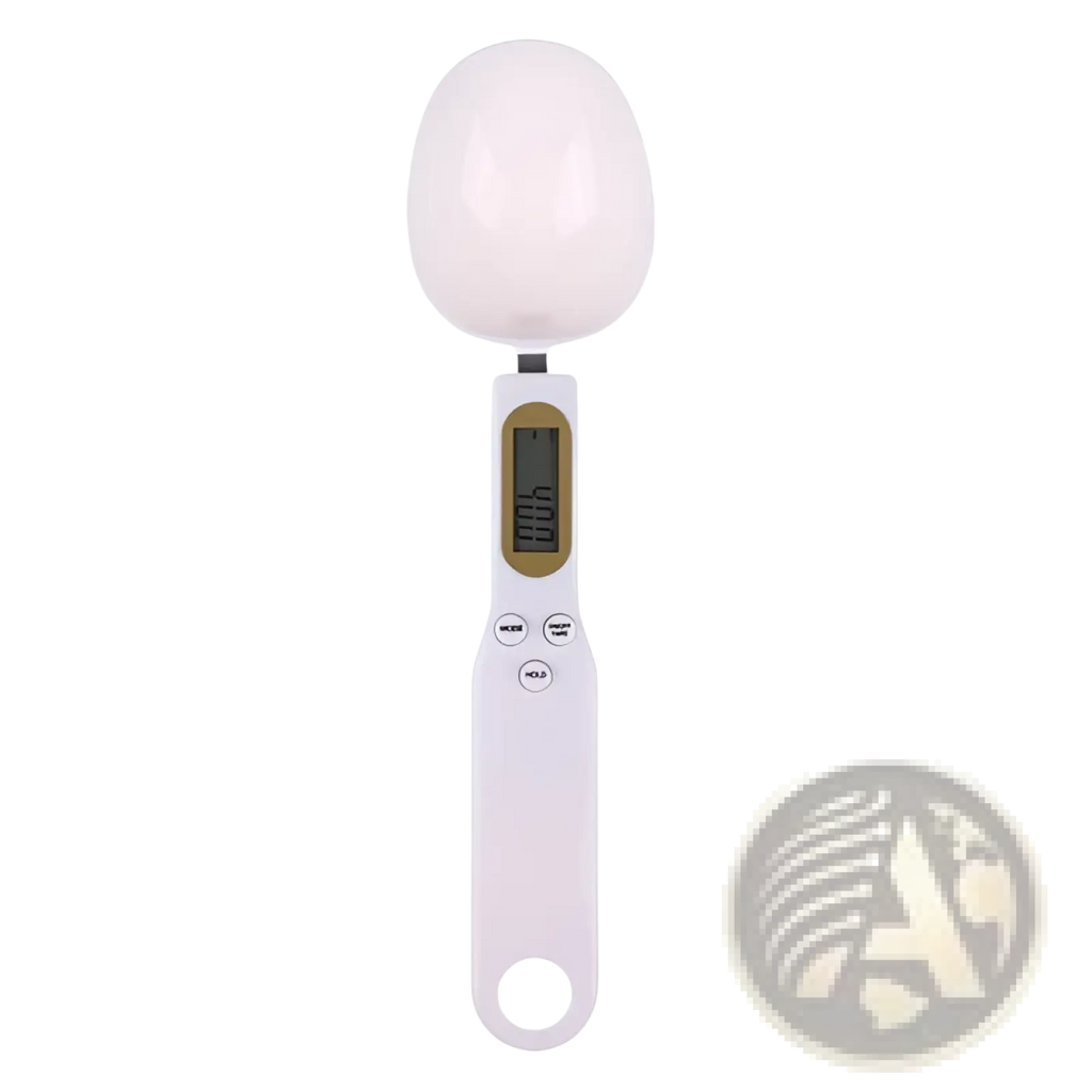 White digital spoon scale with glossy egg-shaped bowl and three control buttons on handle for precise measuring up to 500g