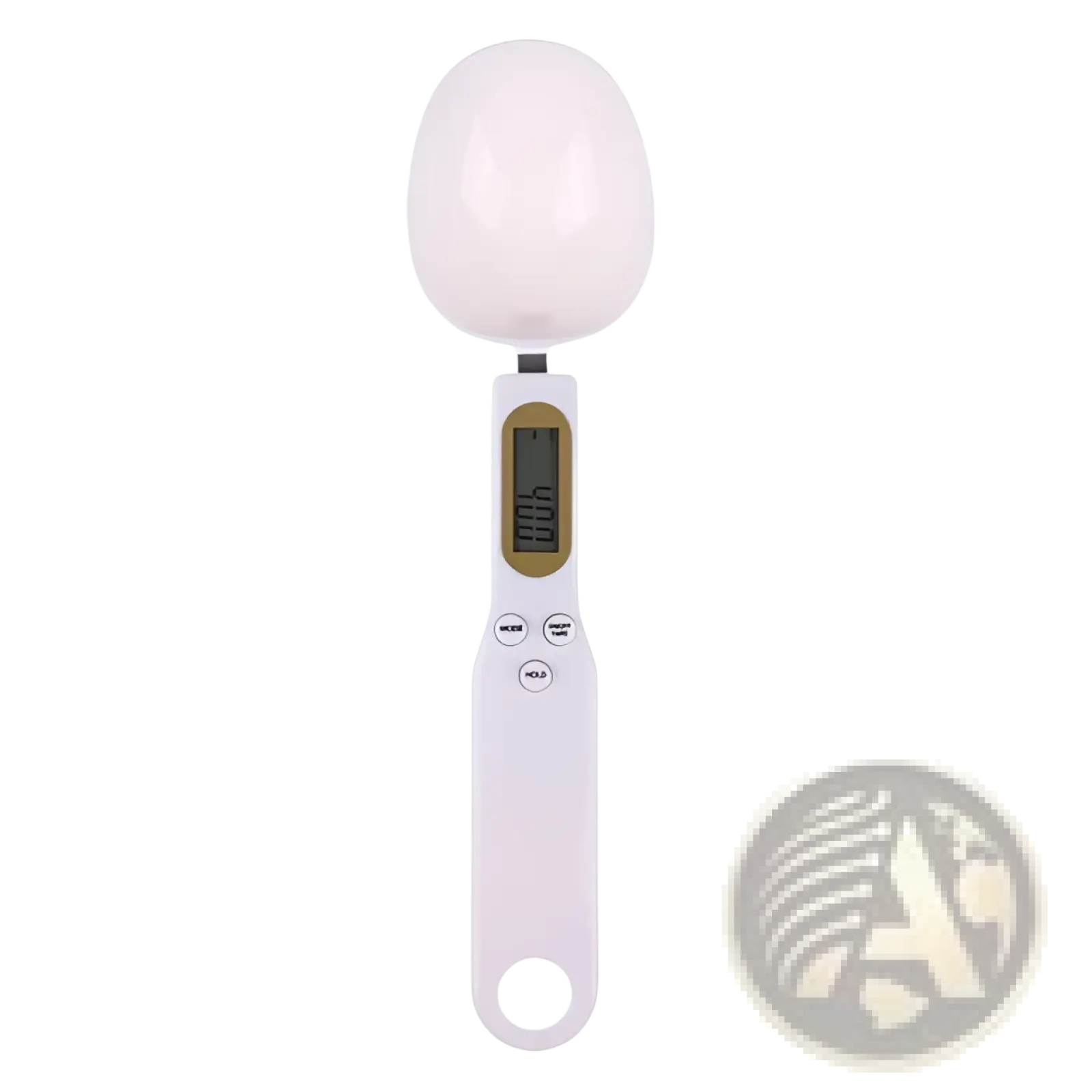 White digital spoon scale with glossy egg-shaped bowl and three control buttons on handle for precise measuring up to 500g