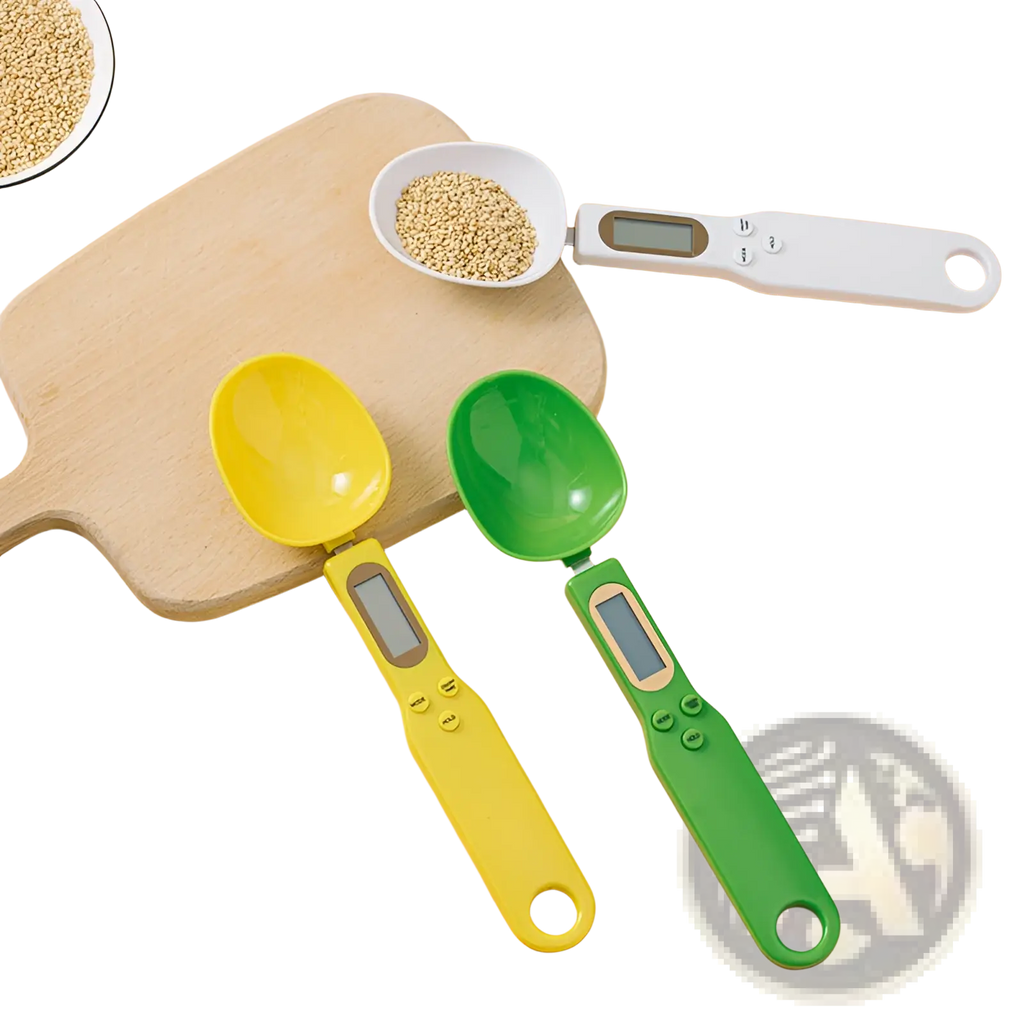 Digital spoon scale 500g lcd measuring tool set with bright yellow and green digital measuring spoons for precise ingredient measurement