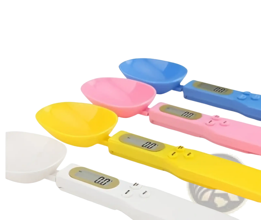 A set of colorful digital spoon scales in yellow pink blue and white with lcd displays for precise measuring