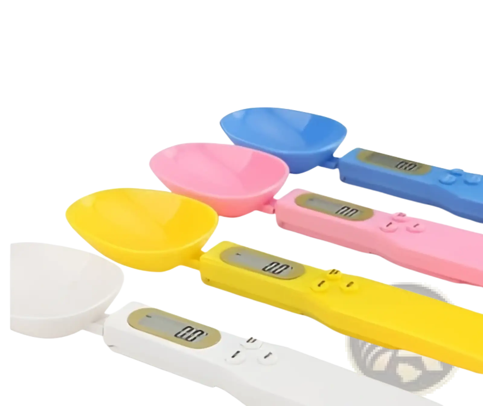 A set of colorful digital spoon scales in yellow pink blue and white with lcd displays for precise measuring