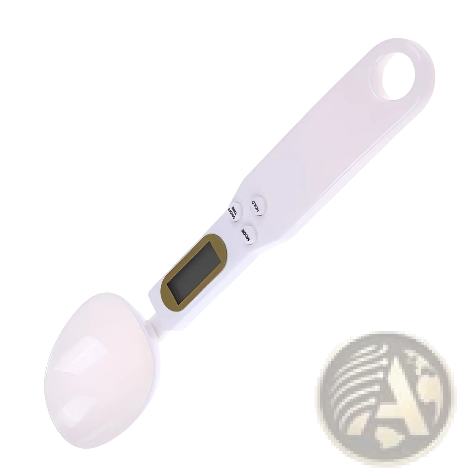 White digital spoon scale with sleek ergonomic handle and small lcd screen for precise 500g measurements