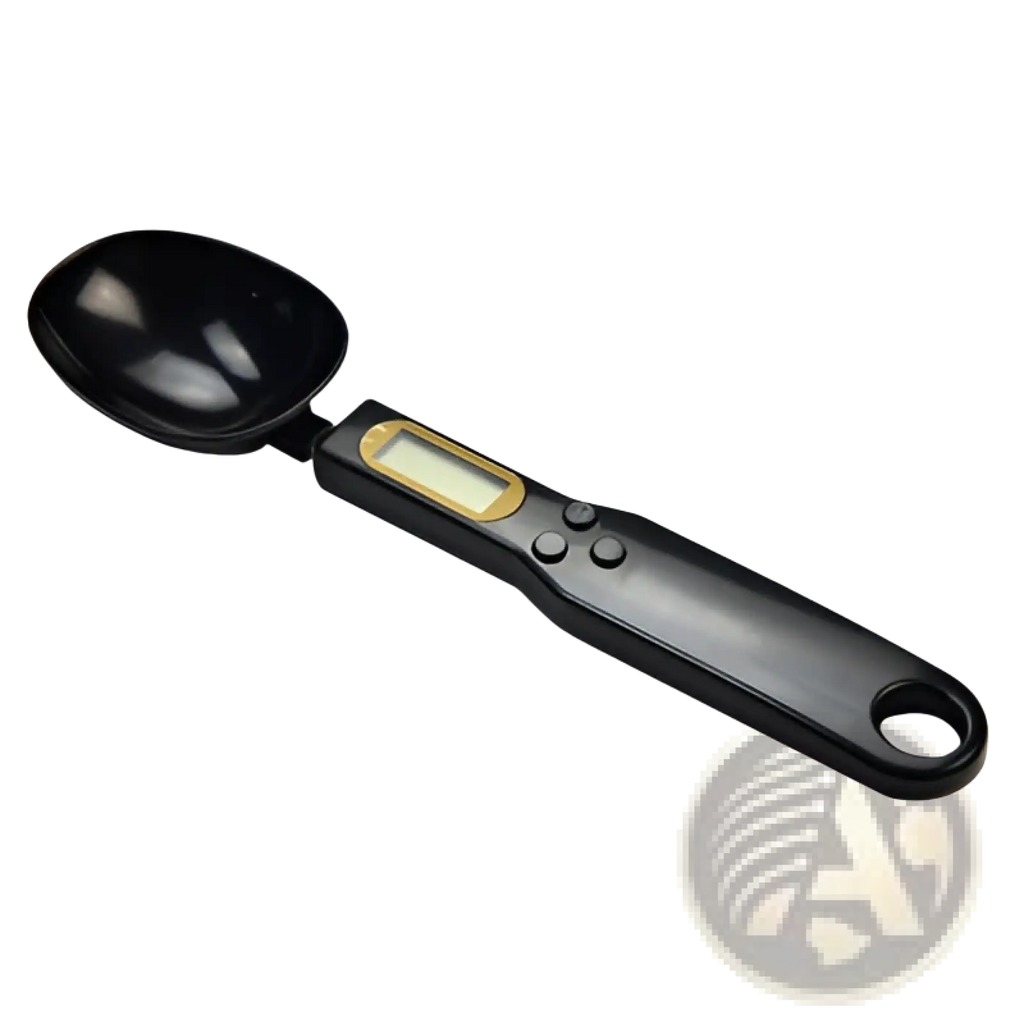 Black digital spoon scale with glossy finish and integrated lcd display for precise kitchen measuring up to 500g