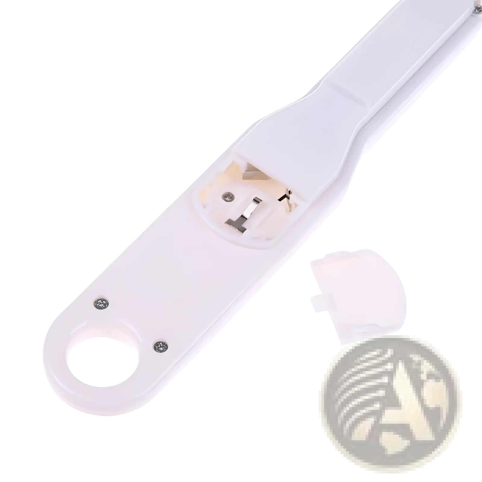 White plastic led light stick with circular handle and visible battery compartment shown from the back side
