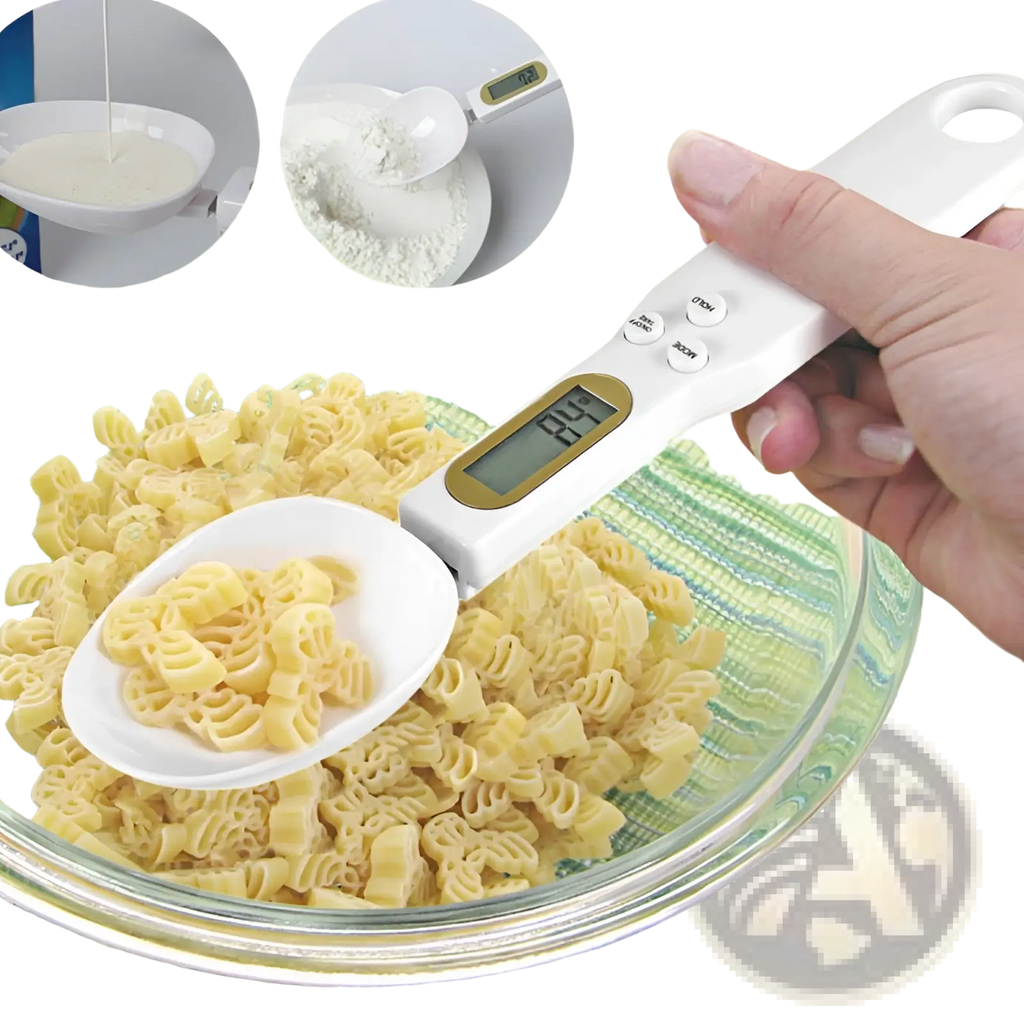 White digital spoon scale with gold-accented display and buttons holding pasta for precise kitchen measuring up to 500g